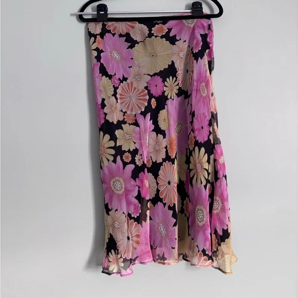 Allison Taylor Black and Pink Floral Silk Midi Skirt Size L - Picture 6 of 7